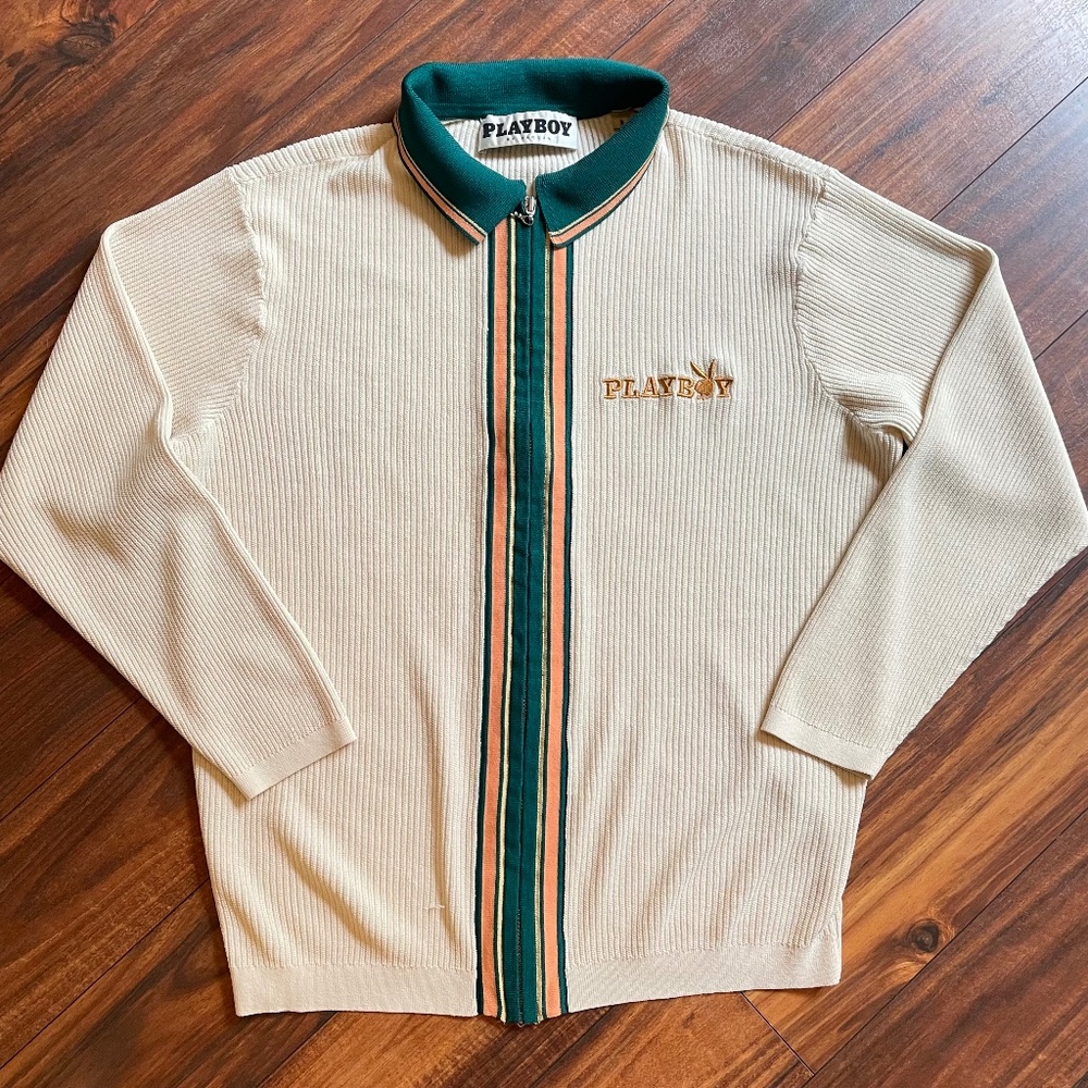 Playboy by Pacsun zip cardigan jacket Small cream white/green stripe